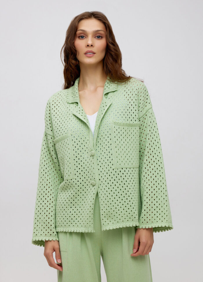 Женский жакет, ажурный летний кардиган на пуговицах мятного цвета 5024