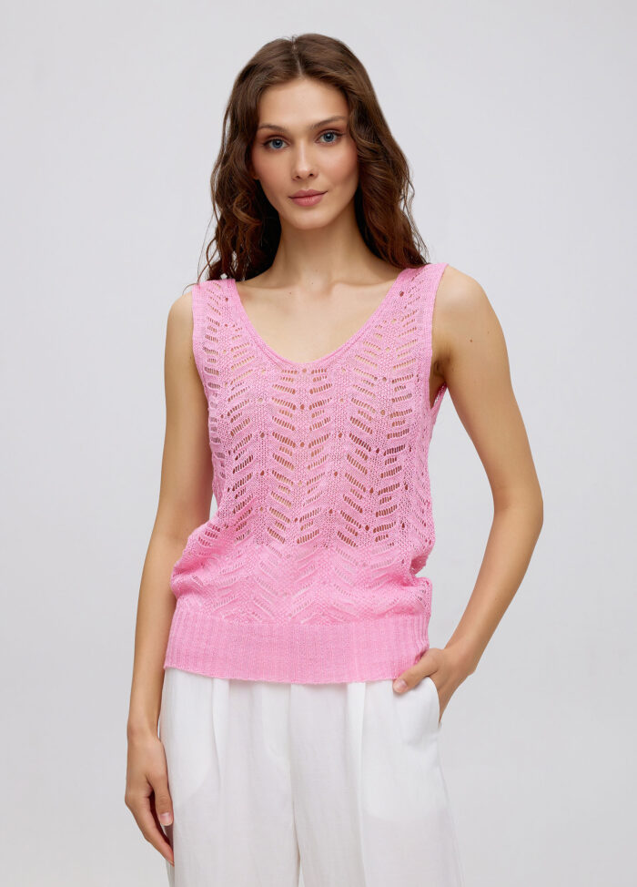 Рожева ажурна майка з бавовни та льону 5048