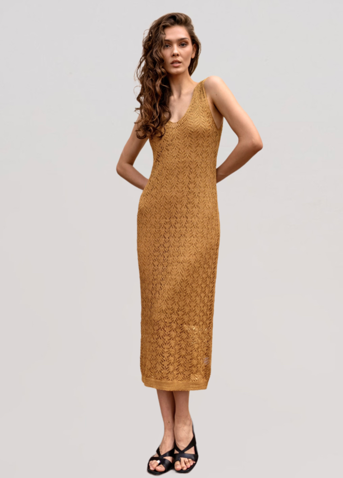 Летнее ажурное платье из вискозы горчичное 5063