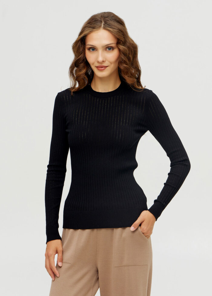 Женский черный джемпер лонгслив в рубчик 5023