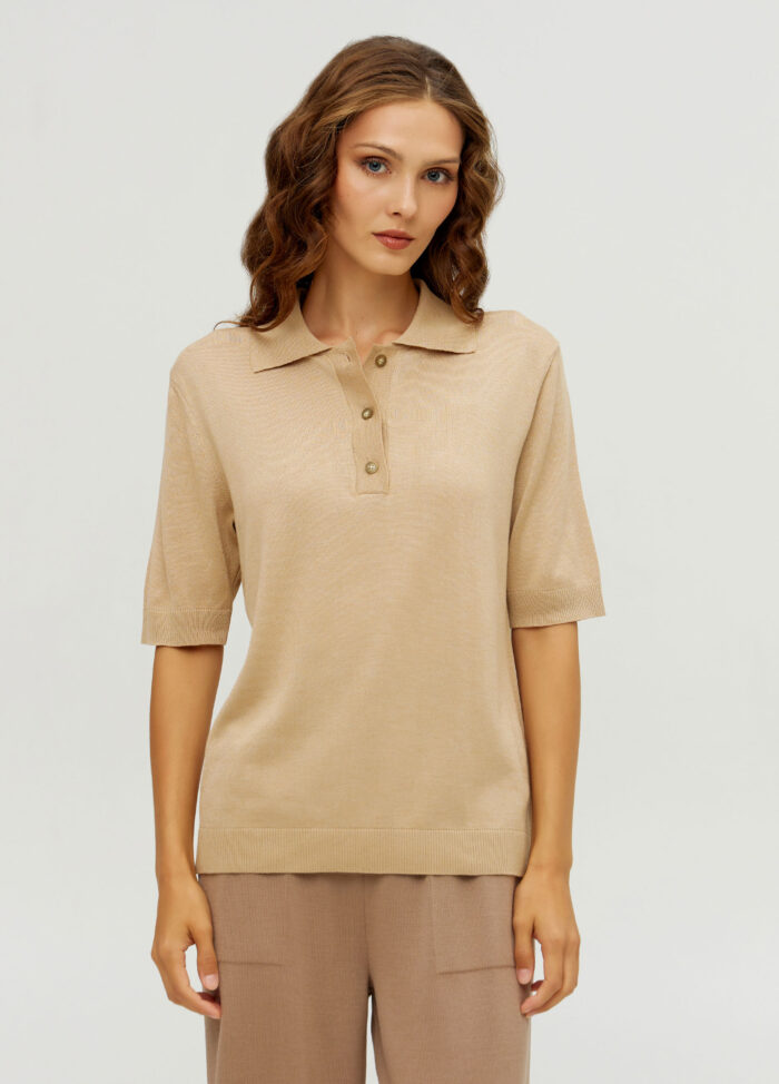 Светло-бежевый джемпер-поло с шерстью мериноса 5078