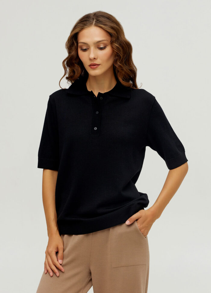 Чорний джемпер-поло з вовною мериноса 5078
