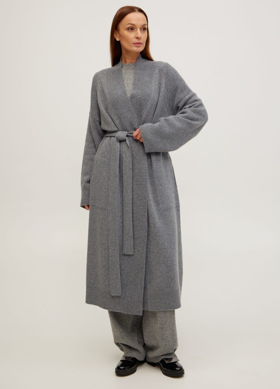 Жіноче сіре в’язане пальто з напіввовни ягняти 5094-Одяг_Жакети та Кардигани_1