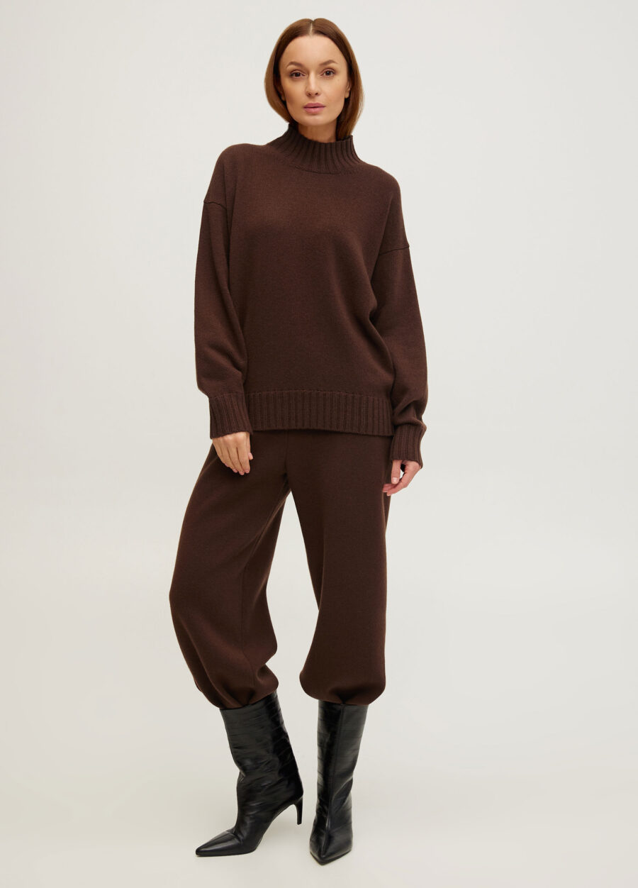 БРЮКИ ШОКОЛАДНІ в’язані штани з вовни ягняти із защипами знизу 5119-Одяг_Брюки_5