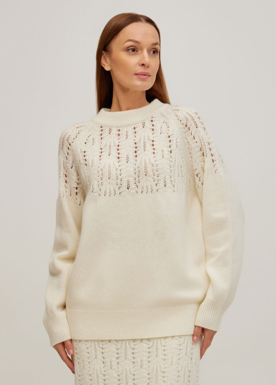 ДЖЕМПЕР МОЛОЧНИЙ в’язаний ажурний з вовни ягняти 5092-Осінь-Зима_Одяг_1