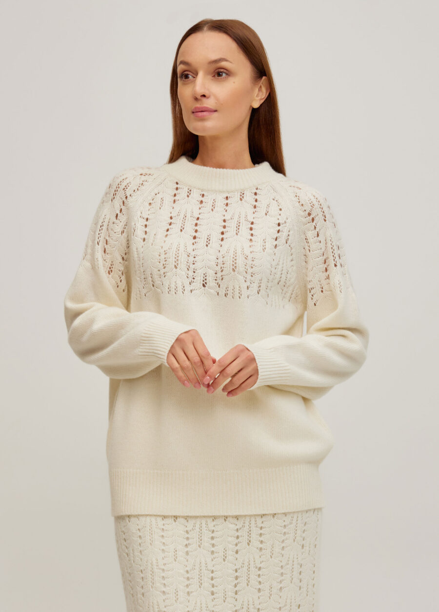 ДЖЕМПЕР МОЛОЧНИЙ в’язаний ажурний з вовни ягняти 5092-Осінь-Зима_Одяг_4
