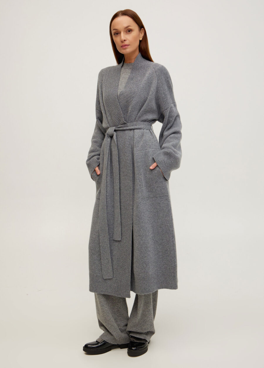 Женское серое вязаное пальто из полушерсти ягненка 5094-Коллекции_Осень-Зима_1