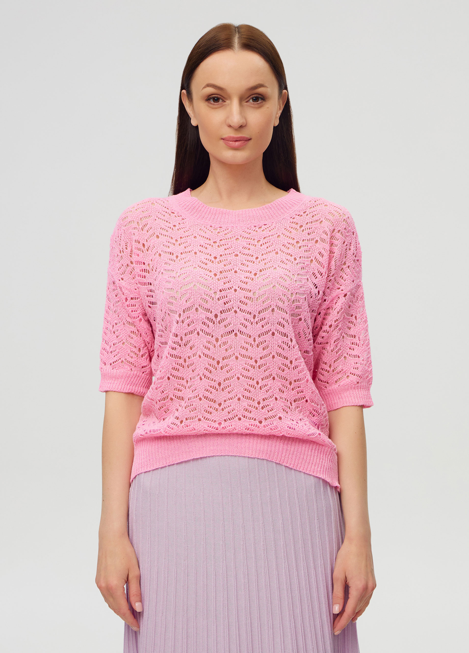 Pink summer openwork jumper with short sleeves 5089 | В'язаний