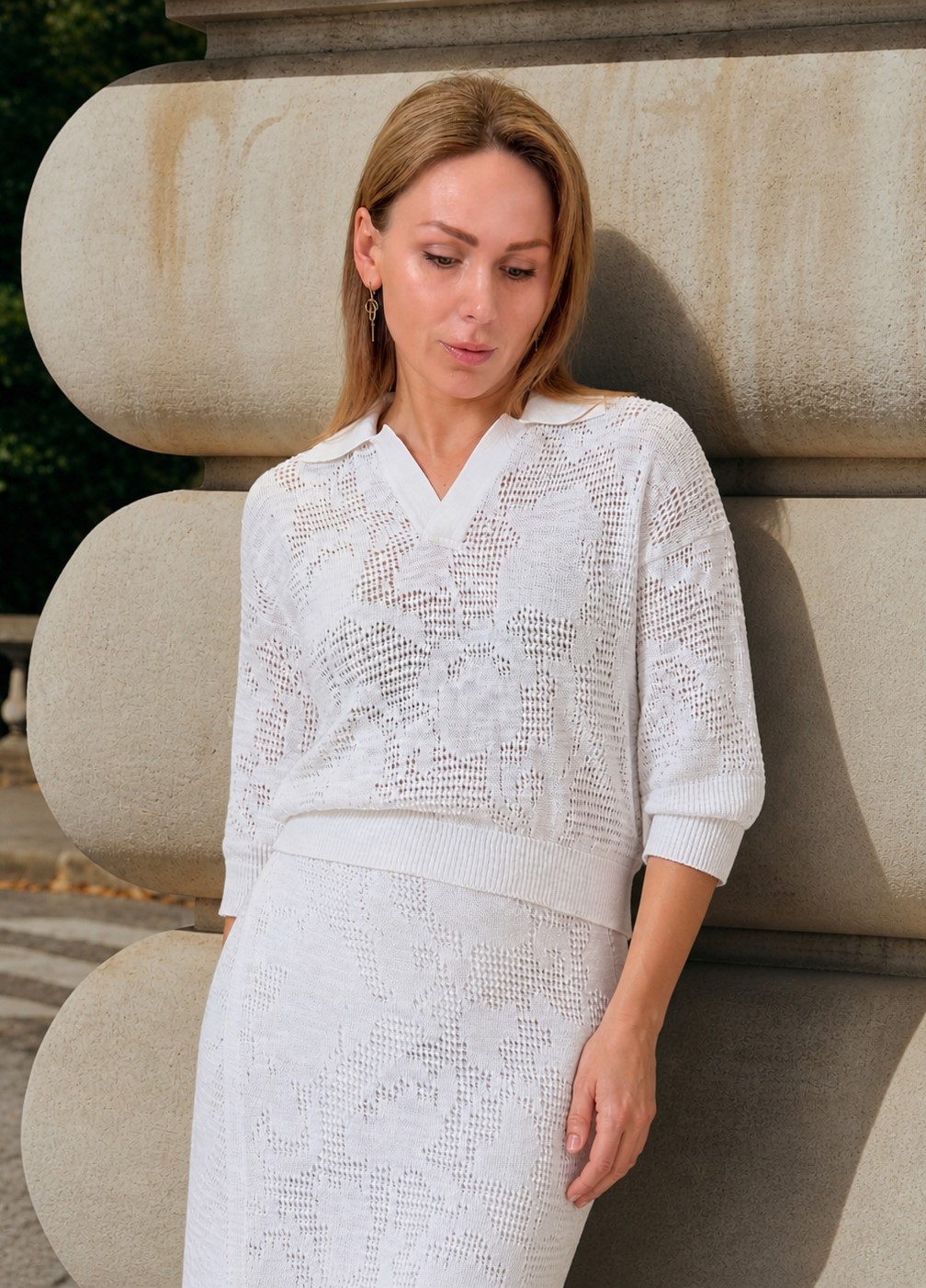 kashiko 23fw Mesh top シズニルック JAMPER White openwork polo shirt with linen 6010 | В'язаний