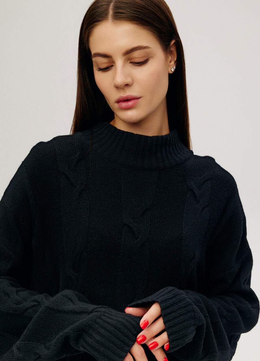 JUMPER BLACK women's elongated high neck cable knit 4135-Collections_Fall-Winter_2