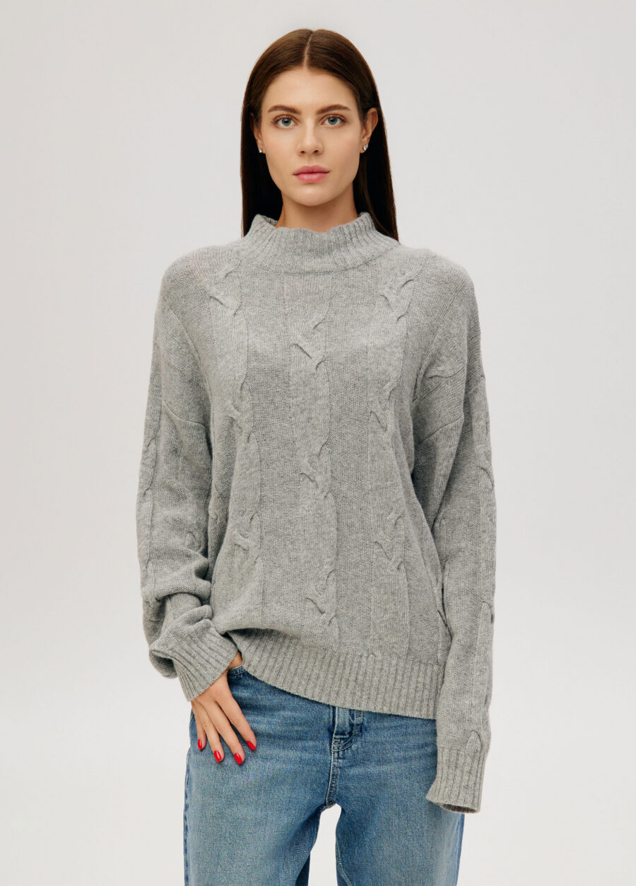 JUMPER LIGHT GREY women's long high neck cable knit 4135-Collections_Fall-Winter_1