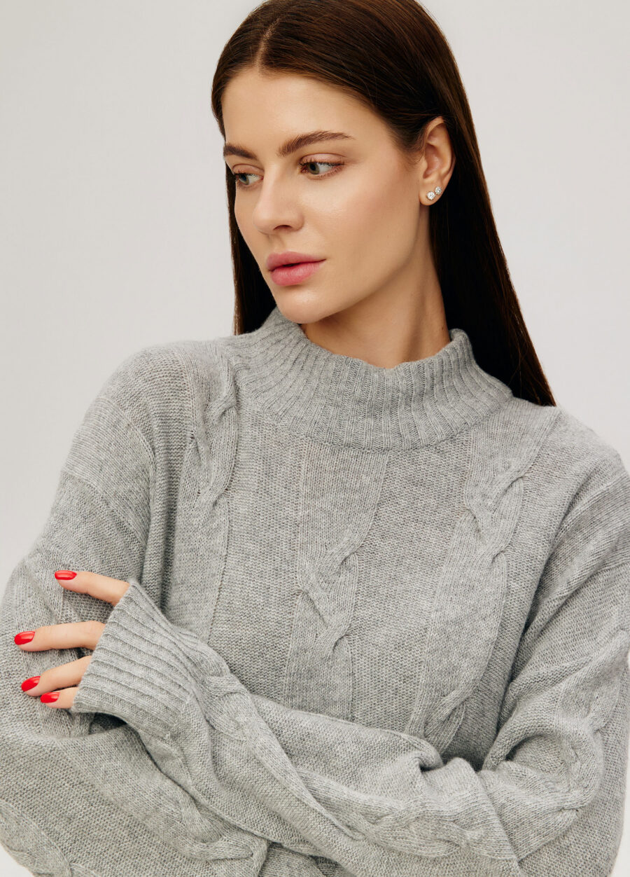 JUMPER LIGHT GREY women's long high neck cable knit 4135-Collections_Fall-Winter_2