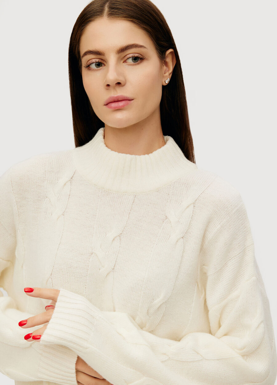 JUMPER MILK-COLORED women's elongated high neck cable knit 4135-Collections_Fall-Winter_2