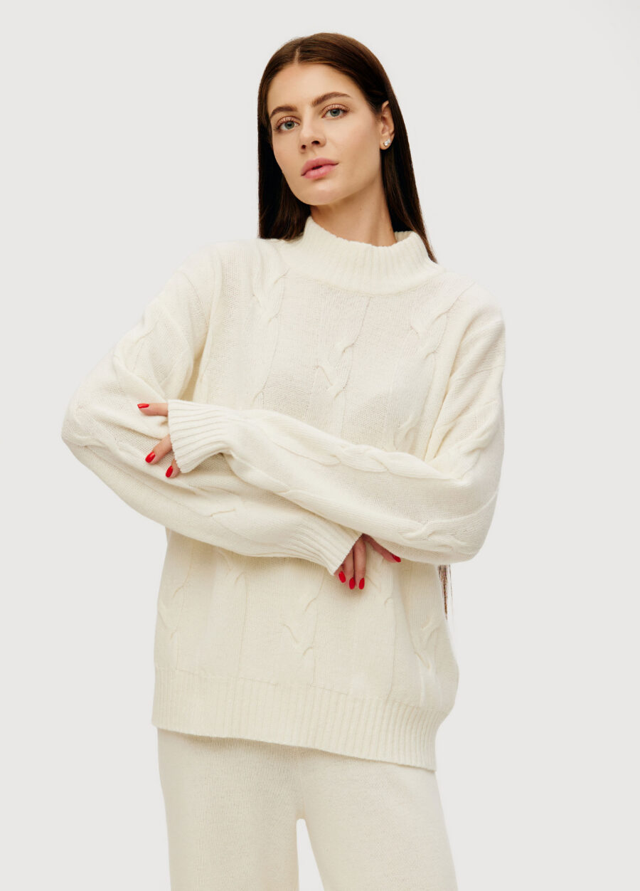 JUMPER MILK-COLORED women's elongated high neck cable knit 4135-Collections_Fall-Winter_1