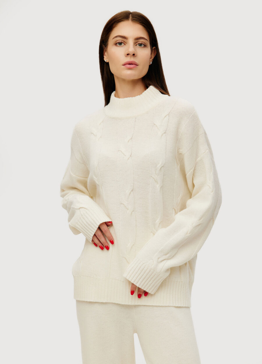 JUMPER MILK-COLORED women's elongated high neck cable knit 4135-Collections_Fall-Winter_3