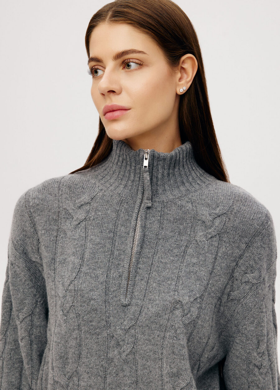 JUMPER GREY knit women's with cable pattern and high collar with zipper 6050-Collections_Fall-Winter_2