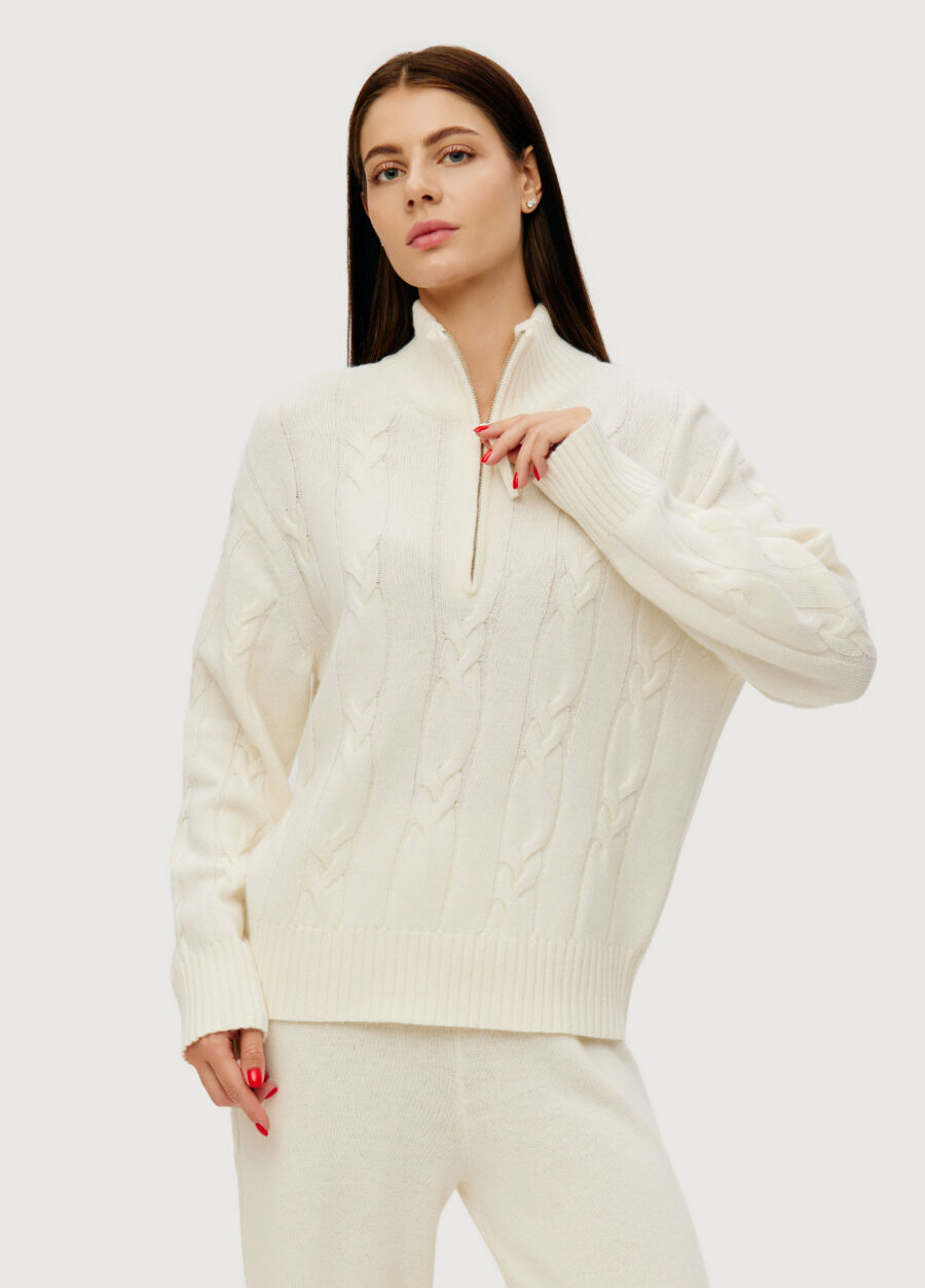 JUMPER MILK-COLORED knit women's with cable pattern and stand collar with zipper 6050-Collections_Fall-Winter_3