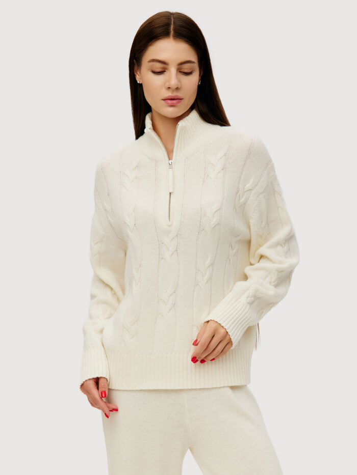 JUMPER MILK-COLORED knit women's with cable pattern and stand collar with zipper 6050