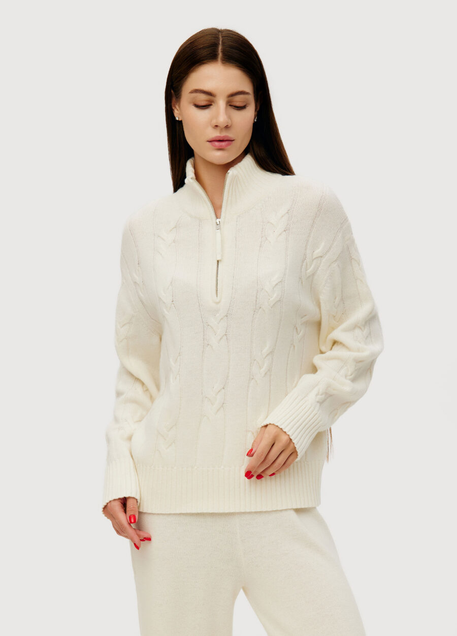 JUMPER MILK-COLORED knit women's with cable pattern and stand collar with zipper 6050-Collections_Fall-Winter_1