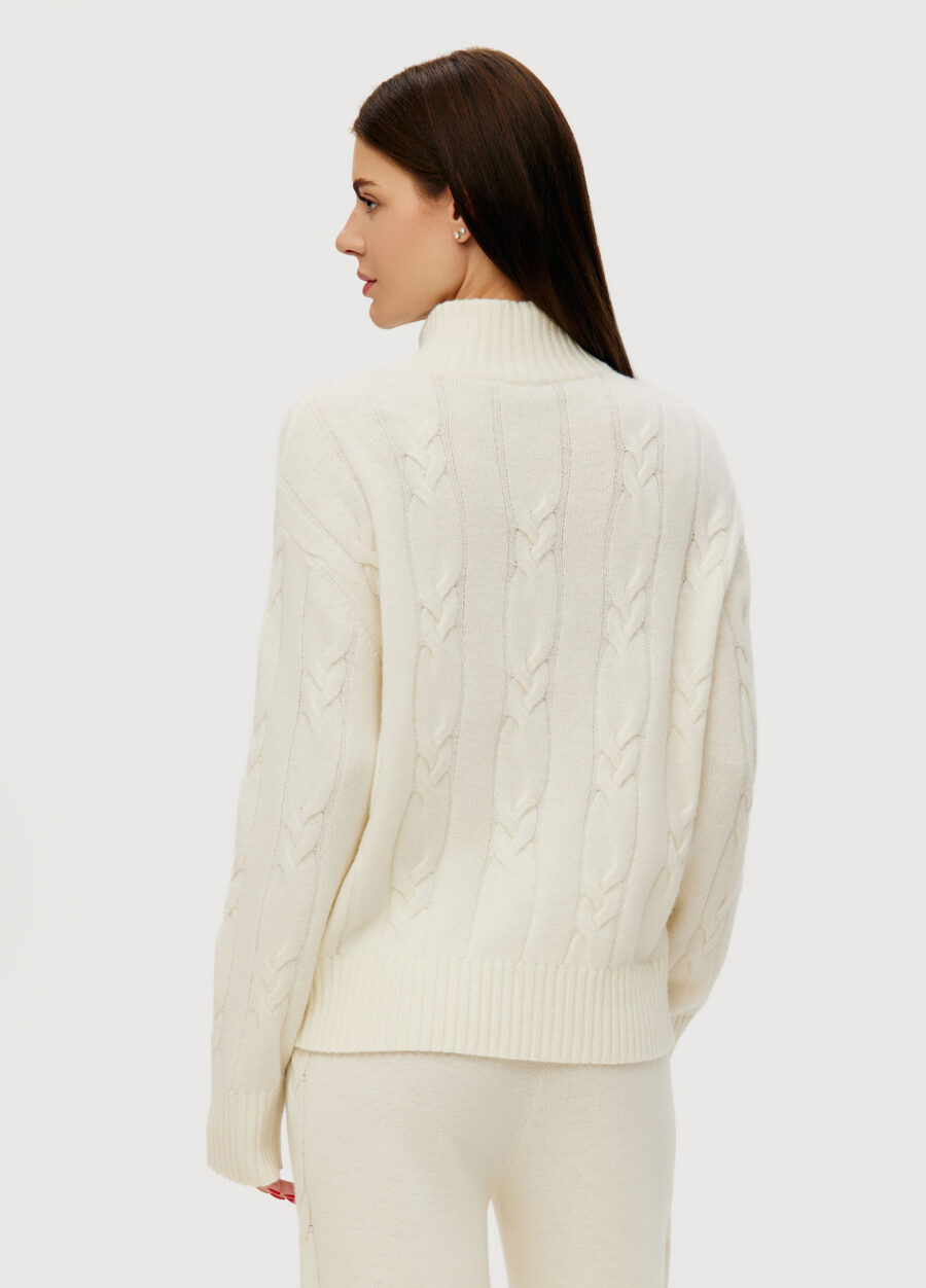 JUMPER MILK-COLORED knit women's with cable pattern and stand collar with zipper 6050-Collections_Fall-Winter_4